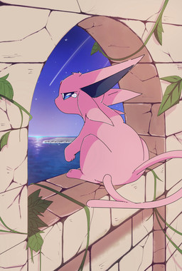 ambiguous_feral ambiguous_gender bodily_fluids clear_sky feral forehead_gem forked_tail gem horizon leaf narrowed_eyes on_hind_legs pink_body plant quadruped sad sea shooting_star sitting sky solo star starry_sky stone_wall tail teardrop tears three-quarter_view unusual_anatomy unusual_tail vines wall_(structure) water window niko_4346 nintendo pokemon eeveelution espeon generation_2_pokemon pokemon_(species) 2024 hi_res
