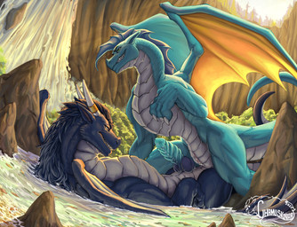 animal_genitalia animal_penis aroused back_wings blue_body blue_fur blue_penis bodily_fluids cave claws duo erection feet female female_on_top feral feral_on_feral finger_claws fur genital_fluids genital_slit genitals hair horn imminent_sex knot knotted_penis lake long_neck male male/female mane membrane_(anatomy) membranous_wings on_top open_mouth penis scales scaly_tail simple_background slit_penis smile spread_wings tail vaginal_fluids vulva water wet wet_body wings chamuskinha mythology dragon mythological_creature mythological_scalie scalie absurd_res digital_media_(artwork) hi_res