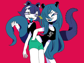 3_eyes anthro bottomwear clothed clothing duo female forked_tongue multi_eye red_background shorts simple_background tongue 87sukiyaki hybrid monster 4:3 hi_res