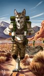 anthro backpacking clothed clothing desert fur hiking male outside solo tail topwear bari_ricardo_artwork wolfe_decker canid canine canis mammal wolf absurd_res hi_res