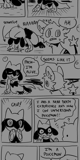 8_panel_comic ambiguous_gender anthro biped black_text bodily_fluids bubble cheek_tuft clenched_teeth dialogue directional_arrow dot_eyes dot_pupils duo ellipsis exclamation_point eyebrows facial_tuft feral fur looking_at_another looking_at_hand looking_away one_eye_closed open_mouth open_smile paws quadruped question question_mark sea simple_eyes sitting smile sound_effects speech_bubble sweat sweatdrop tail talking_to_another teeth text tuft vomiting water flavia-elric nintendo pokemon pokemon_mystery_dungeon spike_chunsoft derek_(flavia-elric) shen_(flavia-elric) generation_4_pokemon pokemon_(species) riolu shinx 2025 absurd_res comic english_text hi_res monochrome male_(lore)