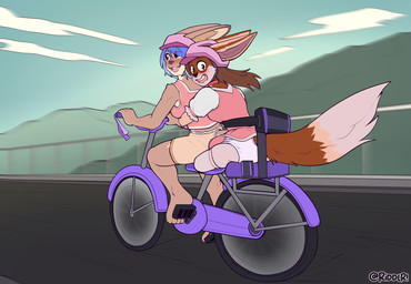 ageplay anthro barefoot bicycle blue_eyes blue_hair brown_body brown_eyes brown_fur brown_hair clothed clothing diaper driving duo feet female female_anthro fur glistening glistening_eyes hair infantilism motion_blur open_mouth open_smile outside pink_clothing pink_topwear roleplay sitting smile tan_body tan_fur topwear vehicle wearing_diaper white_body white_diaper white_fur riddlr canid canine mammal hi_res
