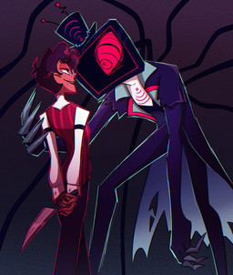 4_fingers antennae_(anatomy) bangs black_clothing bottomwear brown_hair claws clothing creepy creepy_face duo electronics eye_contact eyewear fingers flat_screen flat_screen_television for_a_head glasses hair half-closed_eyes hands_behind_back hat headgear headwear holding_object hypnotic_eyes knife leaning leaning_forward long_sleeves looking_at_another male male/male narrowed_eyes pants red_clothing red_eyes screen screen_face short_hair simple_background size_difference smile standing suit television tendrils topwear torn_clothing torn_sleeves torn_topwear wearing_glasses wire lieyanro hazbin_hotel hellaverse alastor_(hazbin_hotel) vox_(hazbin_hotel) human humanoid mammal object_head screen_head tv_head hi_res