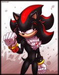 anthro big_hands black_body black_fur blood blood_on_face bodily_fluids chest_tuft clothing fur gloves handwear male red_eyes red_stripes rings_on_arms simple_background solo stripes tuft white_clothing white_gloves white_handwear skeletalheart sega sonic_the_hedgehog_(series) shadow_the_hedgehog eulipotyphlan hedgehog mammal