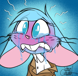 anthro big_eyes biped bite biting_lip biting_own_lip black_text black_whiskers blue_background blue_body blue_eyes blue_fur blue_hair blush bodily_fluids brown_clothing buckteeth cheek_tuft clothed clothing crying ears_down emanata eyelashes facial_tuft female freckles front_view fur hair no_pupils open_mouth pink_nose pivoted_ears sad self_bite simple_background solo tears teary_eyes teeth text topwear tuft whiskers white_clothing silentjack mia_mouse house_mouse mammal mouse murid murine rodent 2022 artist_name bust_portrait colored digital_drawing_(artwork) digital_media_(artwork) hi_res portrait reaction_image signature
