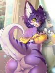 2017 4_fingers anthro big_butt blush bottomless breasts butt clothed clothing covering covering_breasts covering_self detailed_background digital_media_(artwork) dipstick_tail dragon embarrassed eyelashes female fingers fur furred_dragon furred_scalie hair hi_res hobby_(kento) inner_ear_fluff kemono looking_at_viewer looking_back markings mirror multicolored_body multicolored_fur multicolored_tail mythological_creature mythological_scalie mythology open_mouth pink_blush purple_hair raised_tail rear_view reflection scalie solo striped_body striped_fur stripes surprise tail tail_markings thick_thighs tongue tsukiyo tuft undressing white_body white_fur yellow_eyes