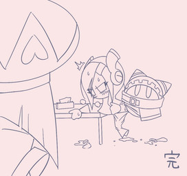 accessory against_furniture against_surface against_table ambiguous_penetration antennae_(anatomy) anthro armless blush blush_lines bodily_fluids butt caught_in_the_act clothed clothed_female clothed_humanoid clothing condom cum cum_inside cum_on_butt cum_on_ground discarded_condom embarrassed eye_contact female female_penetrated filled_condom floating_hands from_behind_position furniture genital_fluids group hair hair_accessory hairclip hand_on_hip hand_on_table humanoid_on_anthro larger_female larger_humanoid larger_penetrated leaning leaning_forward legless looking_at_another machine male male/female male_anthro male_penetrating mouthless narrowed_eyes penetration penile penile_penetration sex sexual_barrier_device simple_background size_difference smaller_anthro smaller_male standing_doggystyle table text the_end tissue trio wearing_hat white_background 5health kirby_(series) kirby_star_allies nintendo magolor susie_(kirby) zan_partizanne_(kirby) alien alien_humanoid humanoid robot robot_humanoid waddling_head 2020 black_and_white japanese_text monochrome sketch translation_request