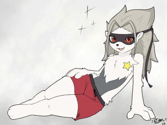 anthro bottomwear clothing female fur grey_body grey_fur grey_hair hair mask open_mouth red_eyes shorts solo star teeth white_body white_fur kurimucat bandai_namco digimon digimon_beatbreak digimon_(species) wolvermon 2026 4:3 digital_media_(artwork) hi_res