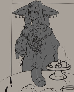 3_eyes anthro big_ears big_penis bottomless bottomless_male clothed clothing ear_piercing erection exclamation_point first_person_view food foreskin genitals hair horn humanoid_genitalia humanoid_penis long_ears long_hair looking_at_viewer male multi_eye narrowed_eyes partially_clothed penis penis_on_table piercing shawl smile solo topwear fallflys nintendo tears_of_the_kingdom the_legend_of_zelda rauru_(tears_of_the_kingdom) zonai 4:5 greyscale hi_res monochrome sketch