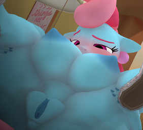 anthro areola big_breasts biped blue_body blush breasts clothing eyelashes female footwear footwear_only genitals hair legs_back mature_female mostly_nude nipples pink_hair pupils shoes shoes_only solo vulva purplefondue friendship_is_magic hasbro my_little_pony mrs._cake_(mlp) equid equine horse mammal pony 3d_(artwork) digital_media_(artwork) hi_res