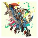 blue_eyes brown_hair clothing female feral group hair male open_mouth riding saddle shield simple_background straddling tongue weapon yellow_eyes ryuta capcom monster_hunter monster_hunter_stories bird_wyvern felid felyne human lynian mammal velociprey 1:1