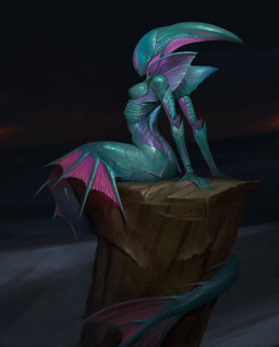 arched_back breasts butt dorsal_fin elongated_head eyeless featureless_breasts female fin fin_frill frill_(anatomy) gills green_body green_scales lips medium_breasts purple_body purple_scales scales shoulder_fin side_view sitting smile solo spine split_form tail tail_fin teal_body teal_scales oleg_bulakh alien_(franchise) alien alien_humanoid aquatic humanoid merfolk xenomorph 2024 digital_drawing_(artwork) digital_media_(artwork) full-length_portrait hi_res portrait unavailable_at_source