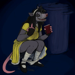 anthro bodily_fluids clothed clothing dress drunk eyewear female fur genital_fluids gesture glasses grey_body grey_fur hand_gesture middle_finger panties panties_down partially_clothed peeing red_solo_cup solo spilled_drink substance_intoxication trash_can underwear underwear_down urine wet wet_clothing yellow_clothing yellow_dress hladilnik marylin_(hladilnik) american_opossum mammal marsupial 1:1 hi_res