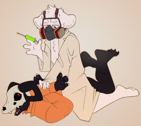 4_eyes anthro black_body bone clothing coat criminal doctor duo fur gas_mask horn lab_coat looking_back lying male male/male mask medical_instrument multi_eye on_front open_mouth pinned pinned_to_ground prison_uniform prisoner red_eyes restrained scientific_instrument shirt simple_background sitting skull skull_head syringe tan_background topwear white_body white_fur kisha_(artist) changed_(video_game) dr._k_(changed) canid canine demon latex_creature living_latex mammal hi_res