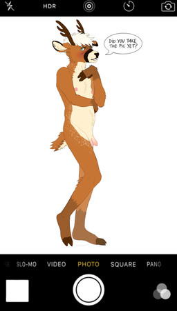 anthro antlers balls bashful biped black_border border brown_body brown_fur brown_tail camera_overlay camera_view cellphone countershading dialogue ear_piercing electronics fingers flaccid foreskin fur genitals green_eyes hair hand_on_chest hooved_fingers hooved_plantigrade hooved_toes hooves horn humanoid_genitalia humanoid_penis male male_anthro markings nipples nude penis phone piercing pink_nipples plantigrade shy smartphone solo speech_bubble spots spotted_body spotted_fur standing tail talking_to_viewer tan_body tan_countershading text unretracted_foreskin white_body white_fur white_hair skunknot apple_inc. iphone venny_venado deer mammal 2025 absurd_res digital_drawing_(artwork) digital_media_(artwork) english_text hi_res