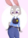 anthro badge bag belt blush bottomwear clothing female happy looking_down pants police police_uniform policewoman purple_background purple_eyes shirt simple_background smile solo standing text topwear uniform vest denyfake disney zootopia judy_hopps lagomorph leporid mammal rabbit 3:4 character_name english_text hi_res