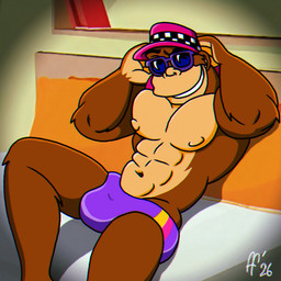 abs anthro brown_body brown_fur bulge clothing eyewear fur hat headgear headwear male multicolored_body muscular muscular_anthro muscular_male navel pecs purple_clothing purple_speedo purple_swimwear smile solo speedo sunglasses swimwear tan_body wearing_sunglasses fabfelipe thrilla_gorilla ape gorilla haplorhine mammal primate 1:1 2026 digital_drawing_(artwork) digital_media_(artwork) hi_res
