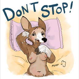 abstract_background anthro bed biped bodily_fluids breasts caption drooling encouragement female first_person_view furniture hooves lying nipples on_back orgasm pillow pomf saliva simple_background solo newd facebook facebook_stickers dearest_deer deer mammal low_res