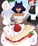 animal_humanoid blue_hair cake cat_humanoid clothed clothing comic dark_body dark_skin dessert dialogue dress duo english_text felid felid_humanoid feline feline_humanoid female food hair hi_res humanoid lightsource male_(lore) mammal mammal_humanoid murasaki_(lightsource) outside text