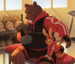 anthro athletic_wear bear blush bottomwear clothed clothing duo exercise fur gym gym_bottomwear gym_shorts heavy_(team_fortress_2) hi_res hoodie lagomorph leporid male male/male mammal muscular muscular_male overweight rabbit scout_(team_fortress_2) shorts size_difference smile tail team_fortress_2 teamfurtress topwear valve weightlifting workout