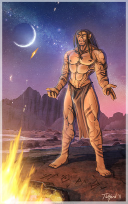 abs biceps black_hair bottomwear braided_hair bulge clothed clothing fangs fire hair loincloth male moon muscular muscular_humanoid muscular_male night nipples not_furry outside runes sky solo tattoo teeth topless tusks corvuspointer humanoid orc 2011