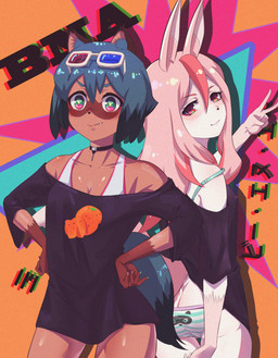 3d_glasses 5_fingers anthro black_nose blue_body blue_fur blue_hair breasts brown_body brown_fur butt clothed clothing duo eyewear female fingers fluffy fur glasses gloves_(marking) hair hand_on_hip long_hair markings panties pink_body pink_fur pink_hair short_hair topwear underwear white_body white_fur 1en brand_new_animal studio_trigger michiru_kagemori nazuna_hiwatashi canid canine fox mammal raccoon_dog tanuki 2020 absurd_res chromatic_aberration hi_res portrait three-quarter_portrait
