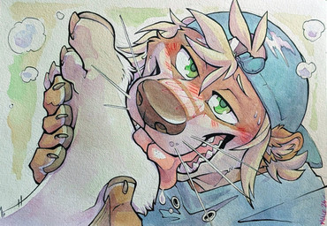 anthro backwards_cap baseball_cap blush brown_body clothing disembodied_foot duo feet foot_fetish foot_grab foot_lick green_eyes hat headgear headwear licking male simple_background three-quarter_view tongue mlice mammal mustelid otter headshot_portrait portrait signature