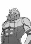 anthro clothed clothing fur looking_at_viewer male muscular muscular_anthro muscular_male simple_background solo white_background dounoo nekojishi studio_klondike lin_hu felid mammal pantherine tiger 2017 absurd_res greyscale hi_res monochrome