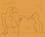 3_fingers anthro barely_visible_genitalia barely_visible_pussy bathroom breasts detailed_background dryer duo female fingers genitals hair_dryer inside male nipples orange_monochrome pussy shower shower_curtain standing zagz jayda_(zagz) jude_(zagz) dinosaur ornithomimid prehistoric_species reptile scalie theropod tyrannosaurid tyrannosauroid tyrannosaurus tyrannosaurus_rex 2024 digital_media_(artwork) hi_res monochrome