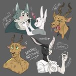 anthro blood blush bodily_fluids clothed clothing female group heart_symbol male simple_background smile smirk speech_bubble split_color text musenilla beastars haru_(beastars) legoshi_(beastars) melon_(beastars) mizuchi_(beastars) antelope bovid canid canine canis domestic_rabbit dwarf_rabbit felid gazelle harlequin_rabbit hybrid lagomorph leopard leporid mammal netherland_dwarf_rabbit oryctolagus pantherine rabbit wolf 1:1 2022 english_text hi_res signature