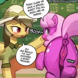 animal_genitalia animal_vulva anus black_hair blush boop butt chalkboard classroom clitoral_winking clitoris clothing cutie_mark desk dialogue dock_(anatomy) duo equine_genitalia equine_vulva exclamation_point eyebrows eyelashes feathered_wings feathers female female/female female_feral feral furniture genitals green_eyes hair hat headgear headwear hooves information_board inside looking_at_viewer looking_back open_mouth open_smile pink_hair puffy_anus purple_eyes school shirt smile speech_bubble table tail text topwear underhoof vulva wings lumineko friendship_is_magic hasbro my_little_pony mythology cheerilee_(mlp) daring_do_(mlp) earth_pony equid equine horse mammal mythological_creature mythological_equine pegasus pony 1:1 2017 english_text signature