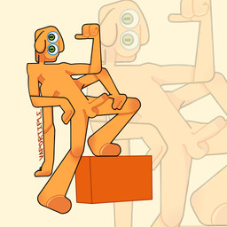3_fingers erection fingers genitals green_eyes horizontal_eyes horizontal_pupils male orange_body orange_skin penis pupils skinny smug solo standing standing_on_box vaportiple alien humanoid 1:1 hi_res