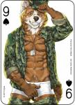 2017 akita anthro canid canine canis card card_template clothed clothing copyright_symbol crotch_grab digital_media_(artwork) dog_tags domestic_dog fonyaa fur grope hat headgear headwear male mammal military muscular muscular_anthro muscular_male nine_of_spades pecs playing_card playing_card_template simple_background smile solo spades_(suit) spitz standing suit_symbol symbol teeth underwear undressing