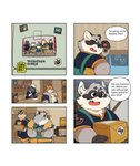 2020 absurd_res anthro belly bonasiah box canid canine chibi clothing comic container deebo_(zoohomme) dialogue english_text eyes_closed felid feline fur grey_body grey_fur group hi_res kemono kura_(zoohomme) male mammal overweight overweight_male procyonid quanjiang raccoon ratye_(zoohomme) rocco_(zoohomme) shirt text topwear woopu_(zoohomme) zoohomme