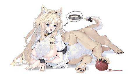 accessory animal_ears areola areola_slip ball_of_yarn bell bell_collar big_breasts blonde_hair blue_eyes bow_ribbon breasts claws clothed clothed_female clothed_taur clothing collar fangs female fluffy fluffy_chest furgonomics hair inner_ear_fluff long_hair open_mouth paws ribbons simple_background solo tail tail_accessory tail_bow tail_ribbon teats teeth thought_bubble tuft white_background yarn zhu_fun cat_taur domestic_cat felid felid_taur feline feline_taur felis humanoid_taur mammal mammal_taur taur absurd_res hi_res