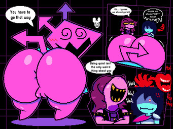 ambiguous_gender anthro anus big_butt blue_body blue_hair bracelet butt clothing exclamation_point female genitals group hair huge_butt jewelry laugh looking_back open_mouth purple_body purple_hair sharp_teeth shirt speech_bubble spiked_bracelet spikes tail teeth text thick_thighs topwear trio vulva wide_hips luanctoons deltarune undertale_(series) kris_dreemurr susie_(deltarune) darkner digital_creature human mammal reptile scalie soul_(undertale) virovirokun 4:3 absurd_res english_text hi_res