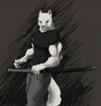 5_fingers anthro biceps big_muscles biped bottomwear claws clothed clothing fingers fully_clothed fur grey_background holding_melee_weapon holding_object holding_sword holding_weapon inner_ear_fluff katana looking_aside looking_at_viewer male melee_weapon muscular muscular_anthro muscular_male pants scabbard sheathed_weapon shirt side_view simple_background solo standing sword t-shirt tail topwear tuft weapon white_body white_fur zekit daniel_packarus canid canine canis mammal wolf