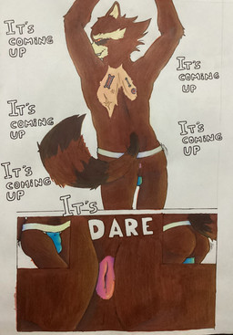 anthro anus brown_body brown_fur butt claws clothed clothing dancing ear_piercing finger_claws fur hair looking_at_viewer male nipples piercing smile solo tail text toe_claws underwear bug_eater guardians_of_the_galaxy marvel rocket_raccoon mammal procyonid raccoon absurd_res hi_res traditional_media_(artwork)