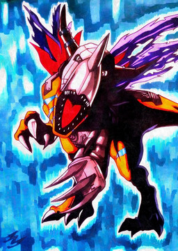 claws finger_claws male markings metal_arm metal_helmet metal_horn notched_wings sharp_teeth solo standing teeth toe_claws wings dragerarts bandai_namco digimon digimon_(species) metalgreymon hi_res