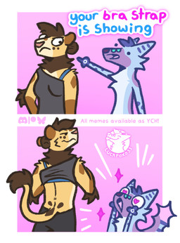 anthro belly blue_body blue_fur blue_hair bra breasts cheek_tuft chest_tuft clothed clothing clothing_lift dialogue duo duo_focus excited facial_tuft female flashing flashing_breasts flirting fur group hair heart_eyes heart_symbol humor larger_female male pink_background puffed_tail raised_clothing raised_shirt raised_topwear relationship shirt shirt_lift silly silly_face simple_background size_difference smaller_male smug_expression smug_face speech_bubble teasing text topwear tuft underwear white_belly conditional_dnp luckfoxo33 bra_strap_showing_(meme) tatum_koenig tolng canid canine felid fox lion mammal pantherine comic hi_res meme