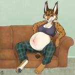 anthro barefoot belly big_belly brown_body brown_fur brown_hair brown_nose chest_tuft clothed clothing ear_piercing ear_ring feet female fur furniture hair hindpaw looking_down markings navel nipples outie_navel pawpads paws piercing pregnant pregnant_anthro pregnant_female ring_piercing shirt sitting smile sofa solo spots spotted_body spotted_fur tank_top topwear tuft unborn_kicking geckoguy123456789 royalty_(artist) nintendo star_fox miyu_(star_fox) felid feline lynx mammal 2017