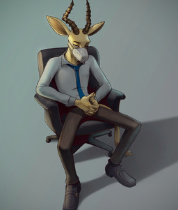 anthro biped bottomwear clothed clothed_anthro clothed_male clothing eyebrows fingers fur horn looking_at_viewer male pants shadow simple_background sitting solo tail topwear poolpka beastars haru_(beastars) melon_(beastars) antelope bovid felid gazelle hybrid leopard mammal pantherine hi_res