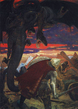 4_fingers 4_toes 5_heads ambiguous_feral ambiguous_gender ambiguous_human armor big_tail black_body black_eyes black_scales black_wings blood blood_on_ground blood_on_object blood_on_spear blood_on_sword blood_on_weapon bodily_fluids brown_body brown_fur cape clothed clothed_human clothing cloud detailed_background dorsal_frill empty_eyes fangs featureless_crotch feet feral feral_focus fight fingers flying forked_tongue frill_(anatomy) fully_clothed fully_clothed_human fur group headgear helmet huge_tail larger_feral long_tail low-angle_view mane melee_weapon membrane_(anatomy) membranous_wings mountain multi_head outside quadruped realistic red_sky scales sharp_teeth shield size_difference sky smaller_human spruce sword tail tan_mane tapering_tail teeth toes tongue tongue_out trio weapon wings viktor_vasnetsov european_mythology mythology public_domain slavic_mythology dobrynya_nikitich zmei_gorynych dragon equid equine horse human mammal mythological_creature mythological_scalie scalie western_dragon 1918 20th_century ancient_art formal_art hi_res oil_painting_(artwork) painting_(artwork) traditional_media_(artwork) traditional_painting_(artwork) male_(lore)
