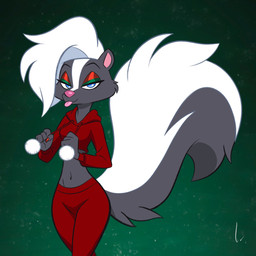 anthro blep blue_eyes clothing crop_top eyeliner female hair holidays makeup midriff navel shirt skunk_tail solo tongue tongue_out topwear white_hair birchly christmas courtney_brushmarke mammal mephitid skunk striped_skunk 1:1 2024 hi_res