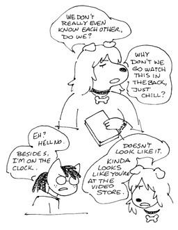 anthro bangs cartoon_freckles clothed clothing collar collar_tag dialogue dreadlocks duo eyebrows eyewear female floppy_ears freckled_face freckles glasses greeting hair hair_over_eye half-closed_eyes narrowed_eyes pointy_ears prick_ears snout speech_bubble text gaydottiff penny_(gaydottiff) shelley_(gaydottiff) canid canine canis domestic_cat domestic_dog felid feline felis mammal 2023 black_and_white comic english_text hi_res monochrome trans_(lore) trans_woman_(lore)