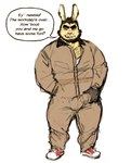 2023 anthro beard body_hair bulge chest_hair clothed clothing coveralls detailed_bulge ear_piercing english_text erection erection_under_clothing facial_hair genital_outline hand_on_bulge hi_res holding_bulge inviting lagomorph leporid looking_at_viewer male mammal manly mature_male one_eye_closed pecs penis_outline piercing rabbit shirt simple_background solo speech_bubble testicle_bulge text topwear tora_gy undershirt white_background wink winking_at_viewer work_gloves