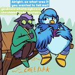 anthro eating eyewear female glasses hair obese overweight overweight_female pants_only platform purple_hair scared speech_bubble pregsnax(artist) undertale_yellow chujin_ketsukane martlet_(undertale_yellow) avian bird canid canine fox mammal 1:1 hi_res