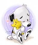 ambiguous_gender anthro duo eyebrows fur heart_symbol hug one_eye_closed simple_background orlandofox cc-by-nc-nd creative_commons peanuts_(comic) snoopy woodstock_(peanuts) avian bird canid canine canis domestic_dog mammal 2014 hi_res