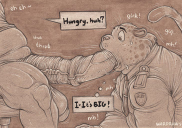 accessory animal_genitalia animal_penis anthro anthro_on_anthro asking asking_another badge balls big_balls big_penis bodily_fluids bottomless bottomless_anthro bottomless_male brown_background brown_body brown_eyes brown_fur brown_nose chair clothed clothing describing_another describing_genitalia describing_penis describing_size dialogue different_sound_effects duo equine_genitalia equine_penis erection fellatio fur furniture genitals glurk huge_penis inner_monologue laugh long_penis looking_down male male/male medial_ring motion_lines motion_onomatopoeia muffled multicolored_body multicolored_fur muscular necktie on_ground onomatopoeia open_mouth oral overweight overweight_anthro overweight_male penile penis penis_awe police police_badge police_officer police_uniform polygonal_speech_bubble polygonal_thought_bubble question round_ears saggy_balls saliva saliva_on_penis sex shirt shortened_sound_effect simple_background sitting slightly_chubby slightly_chubby_anthro slightly_chubby_male solo_focus sound_effect_variant sound_effects speech_bubble stuttering swallowing_sound_effect sweat talking_to_another talking_to_partner tan_body tan_fur tan_skin text thick_thighs thinking thought_bubble throbbing throbbing_penis topwear uniform vein veiny_penis vocalization vowelless vowelless_sound_effect vowelless_vocalization wide_eyed wrinkled_penis wrinkles yes-no_question wardraws disney zootopia benjamin_clawhauser chief_bogo bovid bovine cape_buffalo cheetah felid feline mammal 2022 detailed english_text hi_res sketch traditional_media_(artwork)