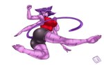 big_breasts breasts butt clothed clothing feet female fighting_pose green_eyes hair markings midair multi_limb pose prehensile_feet purple_body purple_hair purple_tail simple_background solo striped_markings stripes tail tight_clothing toes lillymoo kat_(aabsurdity) animal_humanoid cat_humanoid felid felid_humanoid feline feline_humanoid humanoid mammal mammal_humanoid 16:10 absurd_res hi_res widescreen